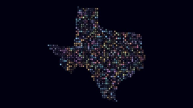 Texas animated shape. Pulsating colored dots on the map of the state. Small size rounded square blocks. Digital style Texas map on dark background. Stylish animation video.