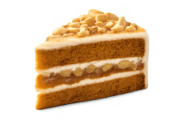 Slice of banana peanut cake with creamy frosting and nuts on top, layered dessert on transparent background