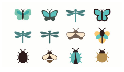 Flat minimal insect icons vector collection featuring butterflies bees dragonflies and ladybugs on white background © Mifta