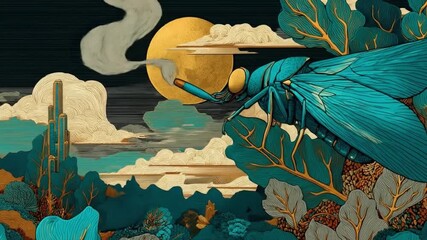 Surreal illustration of a large insect and nature elements under a glowing sun - Powered by Adobe
