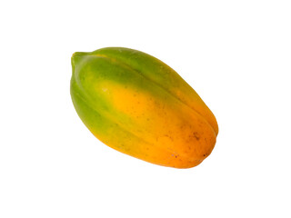Ripening papaya with green and yellow orange skin, smooth and tapered capturing its transition to sweet maturity.