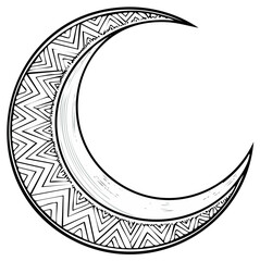 Decorative black and white line art illustration of a crescent moon with an intricate zigzag ethnic pattern