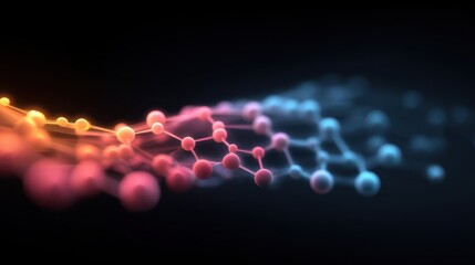 Abstract colorful molecular structure with glowing nodes representing data transmission and connectivity in a dark background creating a futuristic feel