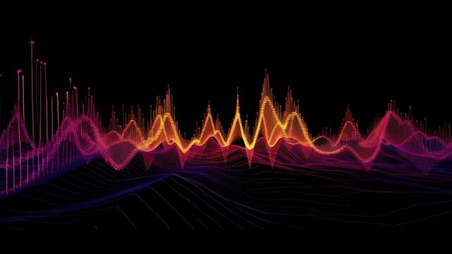 Blue wireframe sound waves showing frequency concept. Vivid audio visualization with gradient colors representing sound amplitude variations.