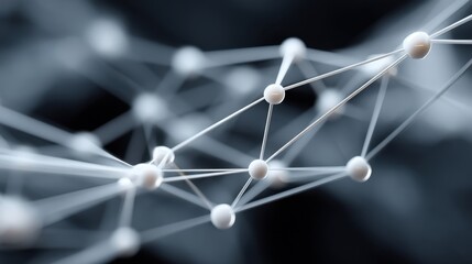 Abstract connection of spherical nodes and lines creating a network representing digital technology, communication, and data flow with a modern aesthetic