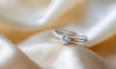 A premium luxury jewelry product photograph of a solitaire diamond engagement ring resting on softly draped satin fabric in golden and white tones. A slim platinum band with a round brilliant-cut diam