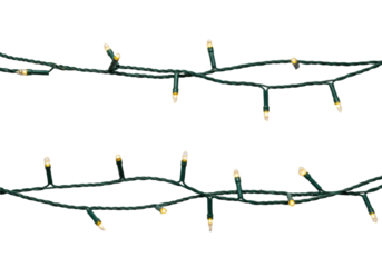two parallel strands of golden-glow miniature christmas lights with dark green wire on a transparent background, high-contrast studio photograph. concept of minimal festive cheer