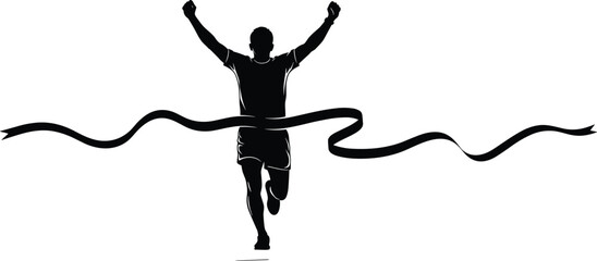 Vector Silhouette of a Winning Male Athlete Breaking the Finish Line Ribbon with Arms Raised in Celebration, Representing Victory and Success.