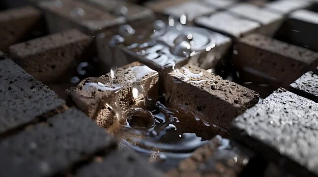 Macro slow motion shot of water absorbing into porous paving bricks, demonstrating sustainable drainage and permeability