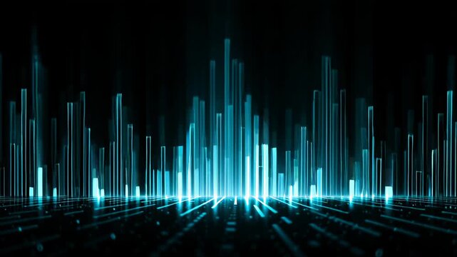 Blue wireframe sound waves showing frequency concept. Abstract visualization of audio signals in a digital representation.
