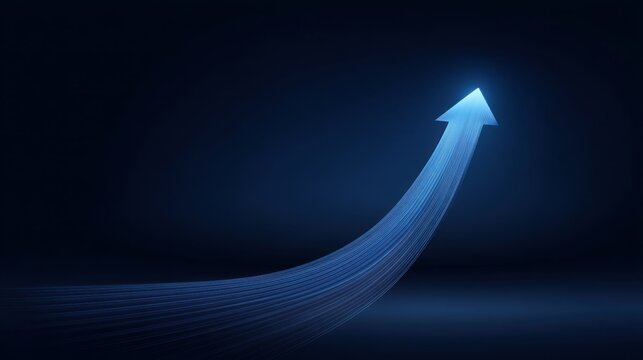 Abstract upward arrow illuminated in blue with flowing lines against dark background representing growth, progress, and success in various concepts