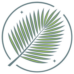 Fototapeta premium Stylized palm leaf emblem design, green and gray with decorative stars and circular frame.
