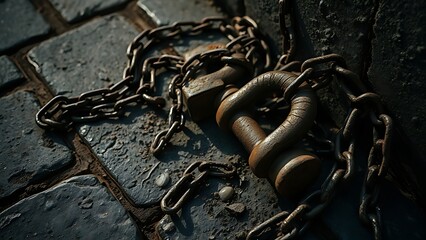 tennessine. Weathered rusted shackles lie on rough stone, chains trailing into shadow. event programs, museum guides, designed for cultural heritage projects and event programs.
