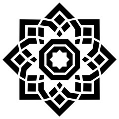 Geometric black and white star shape symmetrical pattern design on a white background.