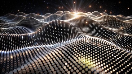 Abstract digital artwork featuring wavy, grid-like lines illuminated with golden dots and stars against a dark, starry background. The scene evokes a sense of cosmic movement and ethereal beauty.