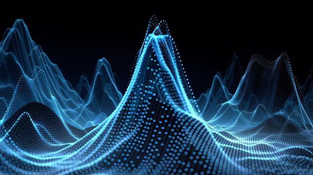 Blue wireframe sound waves showing frequency concept. Visual representation of audio waves in a dark background.