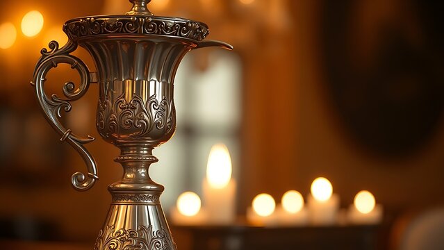 flagon. Ornate silver flagon reflecting candlelight with slight tilt, warm golden tones. bar promotions, beverage menus, designed for food & beverage menus and cafe branding.
