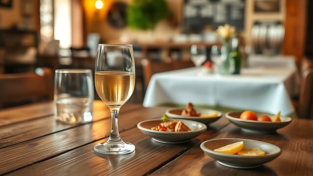ouzo. Traditional Greek taverna setting with ouzo glass and meze on wooden table. lifestyle magazines, social media lookbooks, designed for influencer and brand collaborations, drives engagement.
