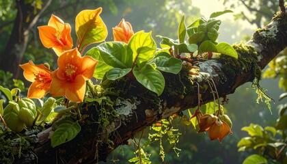 Vibrant Orange Flowers and Lush Greenery in a Tropical Setting.