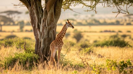 Young Giraffe Standing Under Large Tree in African Savanna Landscape