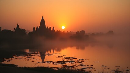 Obraz premium ziggurat. Ziggurat temple silhouette at sunset by a riverbank in misty atmosphere. inspiring travel planning, event programs, designed for cultural heritage projects and event programs. 