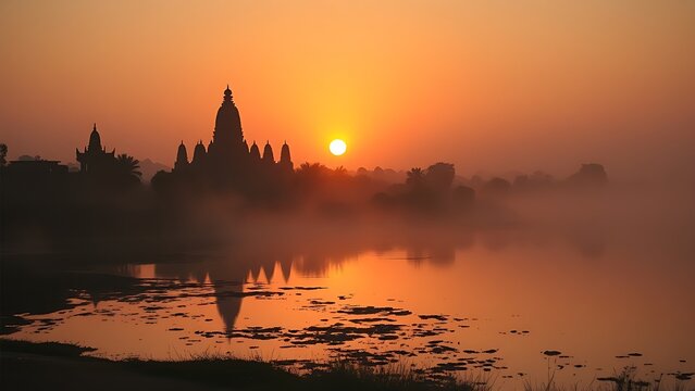 ziggurat. Ziggurat temple silhouette at sunset by a riverbank in misty atmosphere. inspiring travel planning, event programs, designed for cultural heritage projects and event programs.

