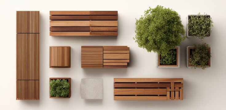 Top-down view of various wooden garden furniture, including planters and benches, arranged in an overhead perspective on a white background