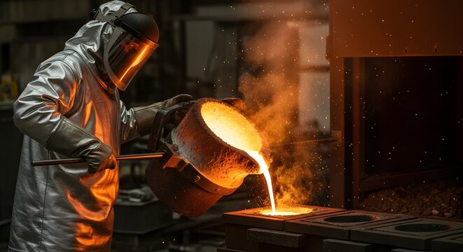 A skilled worker pouring molten aluminum in a dark industrial foundry for a metallurgical production concept with bright sparks and intense heat - Powered by Adobe