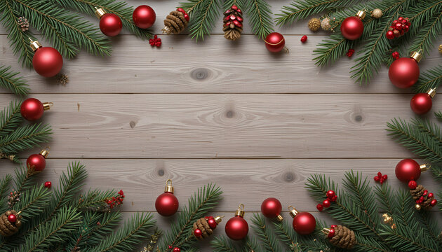 Festive holiday frame of spruce branches, red baubles and pine cones on wood table - Powered by Adobe