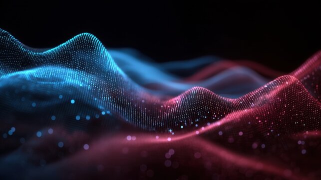 Colorful waves flowing in a dark background. The waves have a blend of blue and red tones. Small lights dot the surface adding to the overall look.