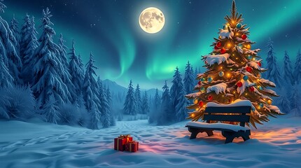 Enchanting winter wonderland night scene featuring a glowing Christmas tree under a brilliant full moon and vibrant aurora borealis over snowy forest