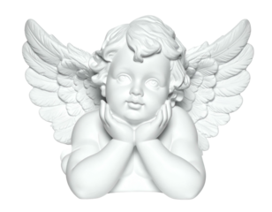 White cherub with hands on cheeks, wings spread, against black