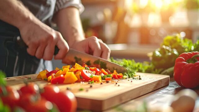 Hand chopping fresh vegetable colorful salad with knife cutting board warm kitchen cooking scene