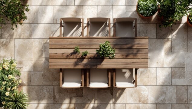 modern outdoor dining set with table and chairs, aerial view, top-down perspective, neutral tones