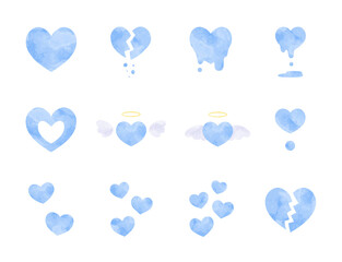 さまざまなハートのシンプルな手描き水彩イラストセット 水色