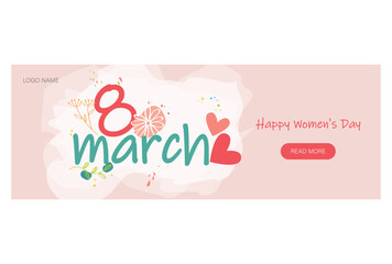 8 March greeting card design in creative artistic style. Horizontal International Women's Day Banner in Simple Flat Styles and pastel colors. Use For Web Site, Social Media, promo, sale... .