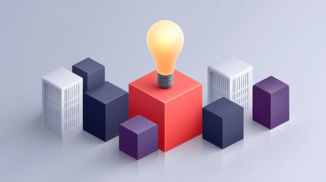 Creative Concept of Innovation and Ideas Represented by Lightbulb on Red Block Surrounded by Geometric Shapes in Modern Design Style