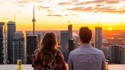  couple enjoys a sunset view over a city skyline, with drinks in hand, capturing a moment of serenity and connection.