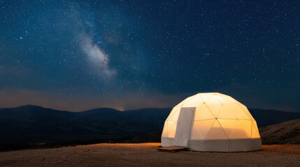  glowing dome tent under a starry sky, set against a mountainous landscape, creates a serene atmosphere for stargazing and outdoor experiences.