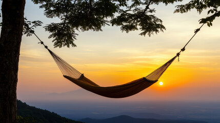  tranquil hammock hangs between trees at sunset, overlooking a scenic landscape, creating a peaceful atmosphere for relaxation.