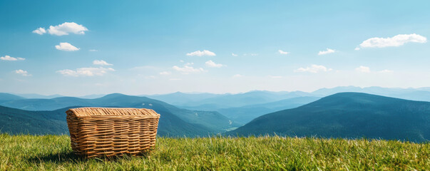 scenic view of a woven basket resting on lush grass, with rolling hills and a clear blue sky in the background.