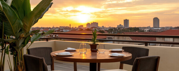serene outdoor dining setup on a balcony, featuring a sunset view over the city skyline, surrounded by lush greenery and elegant furniture.