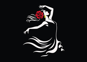 Girl dancing flamenco passionately and elegantly, black and white vector silhouette