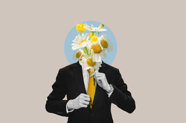 Digital collage modern art, Businessman in black suit with flowers head