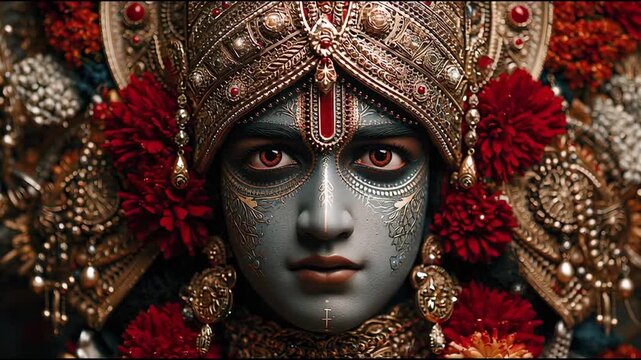 Intricate and ornate depiction of a divine face with elaborate headdress and floral adornments
