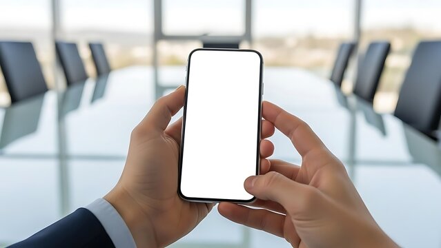 Close-up shot of a person's hands holding a smartphone with a blank white screen, set against a blurred background of a modern conference room - Powered by Adobe