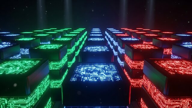 Vibrant circuit board cubes in green, blue, and red glow