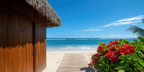 serene beach view featuring a wooden hut, vibrant flowers, and a clear blue ocean under a bright sky.