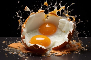 Raw egg breaking and splashing with albumen and two yolks
