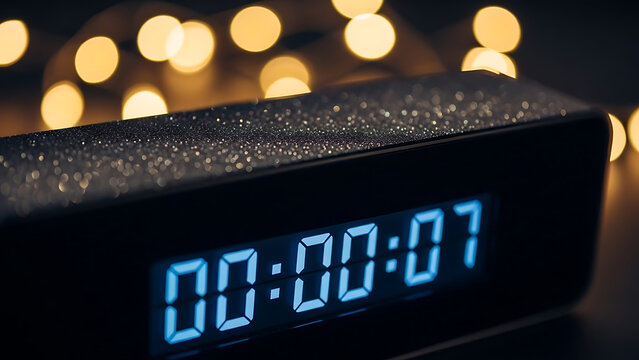A close-up shot of a black digital timer displaying "00:00:07" with water droplets on its surface and blurred golden lights in the background. - Powered by Adobe